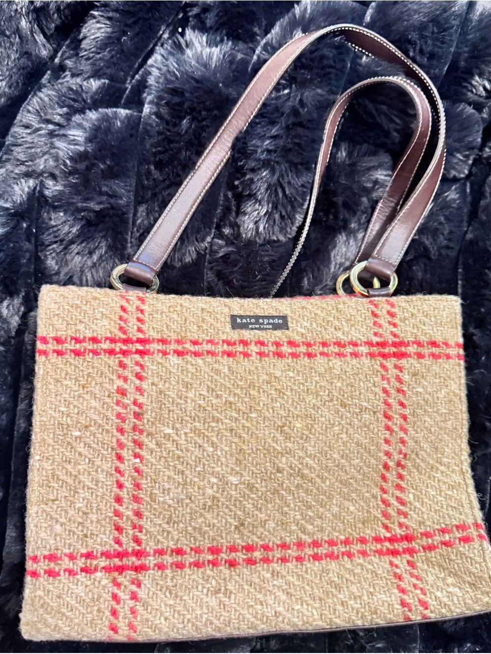 kate spade Vintage Tan Tote with Red Plaid and Brown Straps